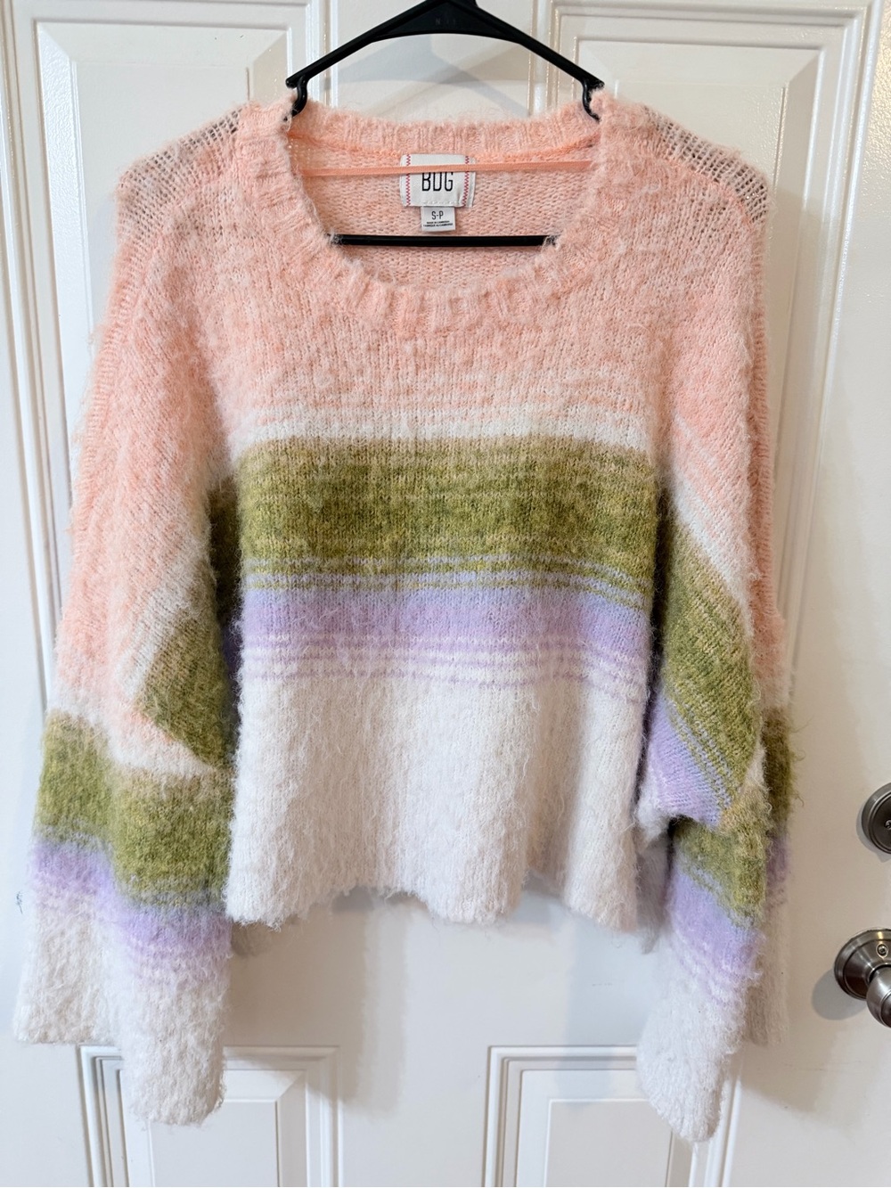 BDG Fuzzy Pastel Stripe Crewneck Sweater in Pink, Cream, Olive & Lavender